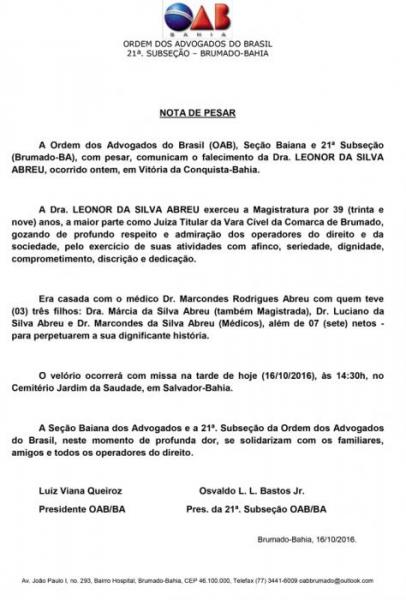 OAB de Brumado emite Nota de Pesar pela morte da juíza Leonor Abreu