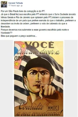 Deputado estadual paulista, Coronel Telhada sugere independência de Sul e Sudeste